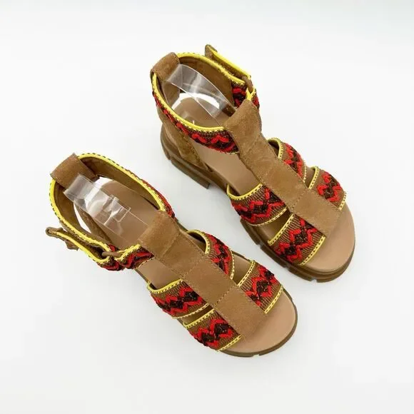 UGG Ashton Heritage Ankle Strap Lug Heel Chunky Sandals Size 7 Crochet Brown Red - Picture 2 of 11